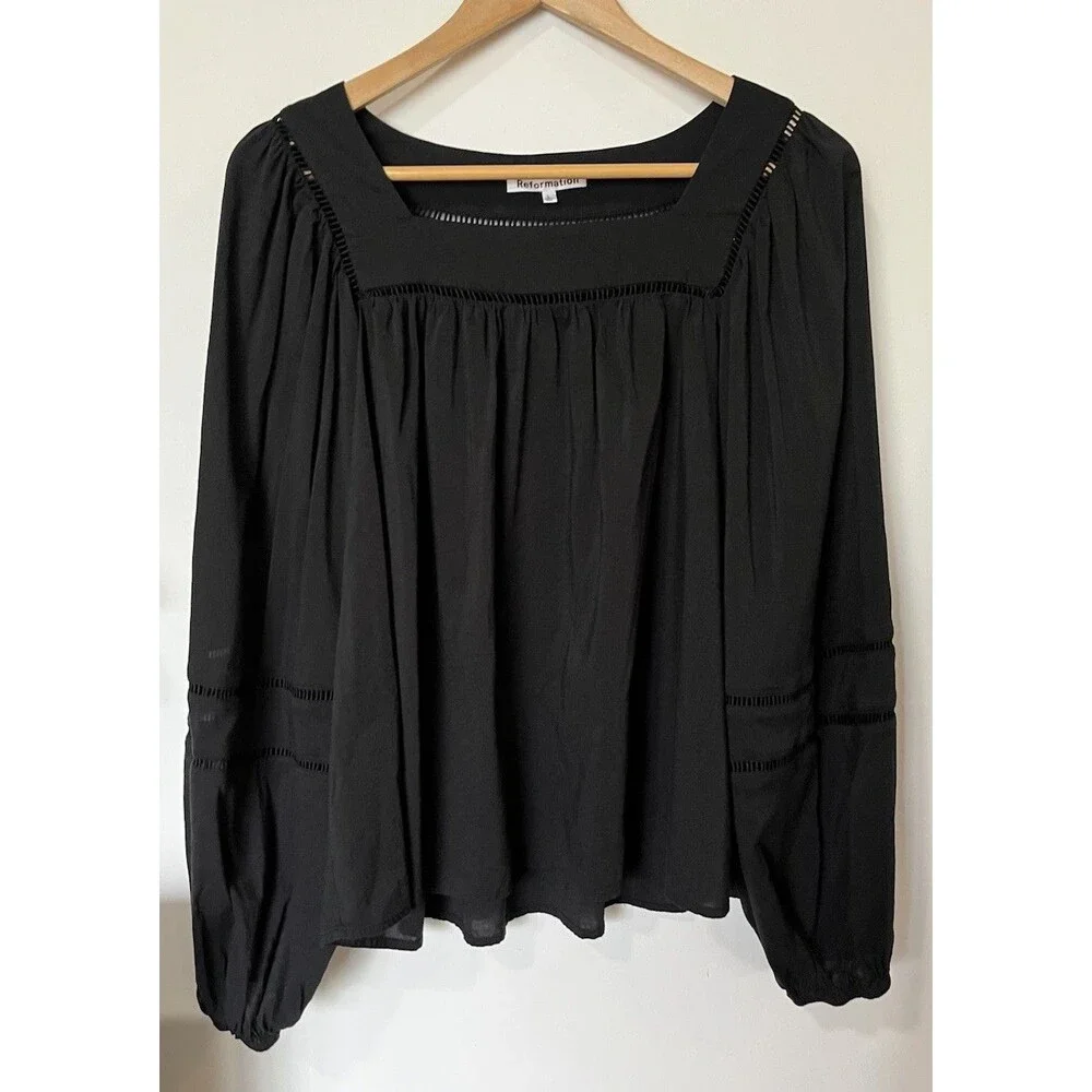 Reformation Black Square Neck Long Puff Sleeve Suzanne Boho Blouse Size Large